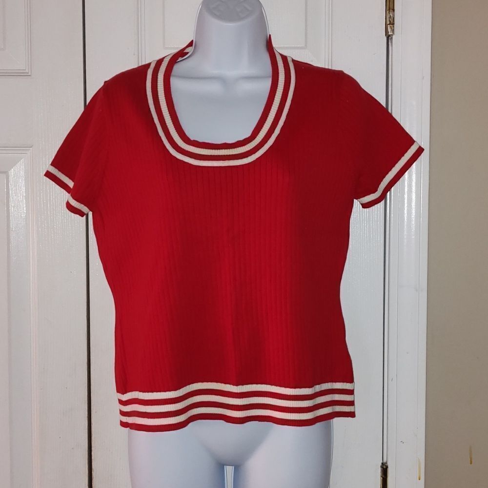 David Brooks red and white ribbed short sleeve sweater holiday nautical Sz L NWT